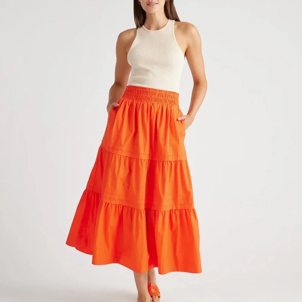 Quince 100% Organic Cotton Poplin Tiered Maxi Skirt In Vermilion Red - Picture 1 of 12